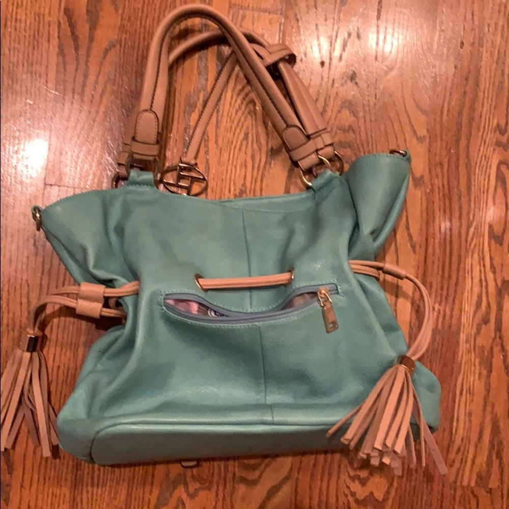 Turquoise and tan purse - Picture 3 of 4
